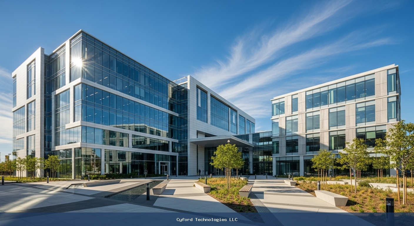 modern technology office building exterior sunny day
